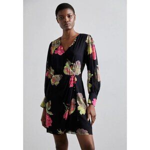 THE KOOPLES Rose V Neck Floral Mini Dress Women's Pink/Black Long Sleeve